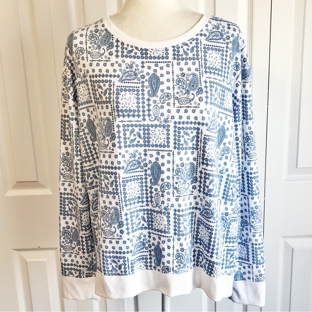 Jane and Delancey White & Blue Paisley Print Long Sleeve Shirt Large